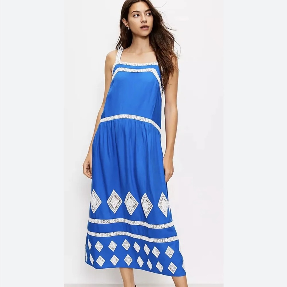 LOFT | linen blend embroidered detail midi dress